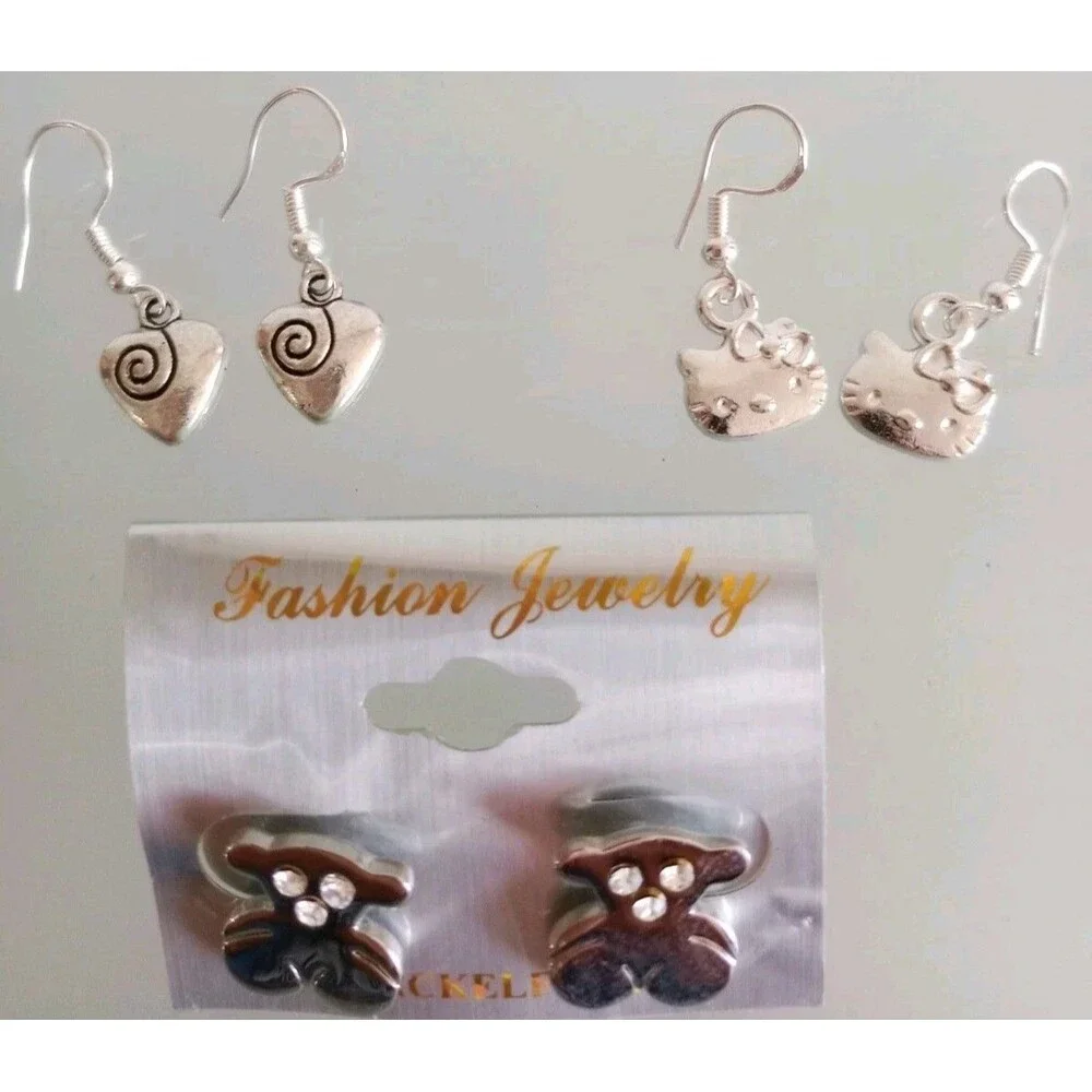 Girl's Lot of 3 Silver Earrings Dangle & Stud Bear Heart Kitty Cute NIP